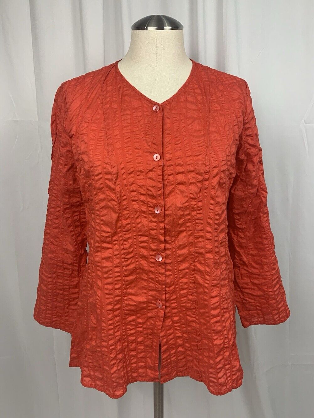 Eileen Fisher Cotton Blouse Top Button Down Long Sleeve Texture Tunic Red Size S
